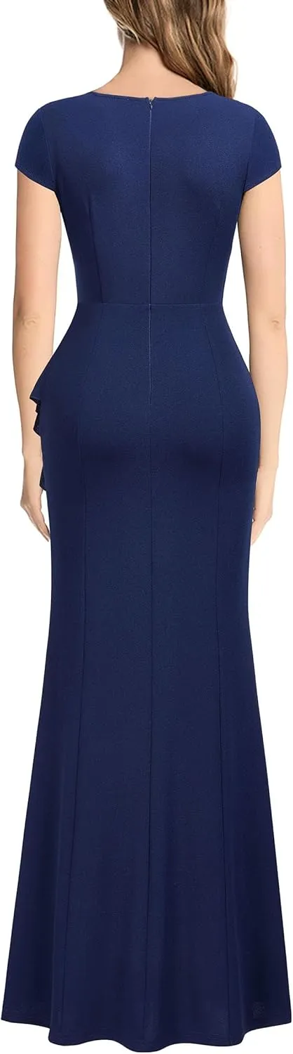 Miusol Women's Retro V Neck Elegant Ruched Split Style Formal Long Dress