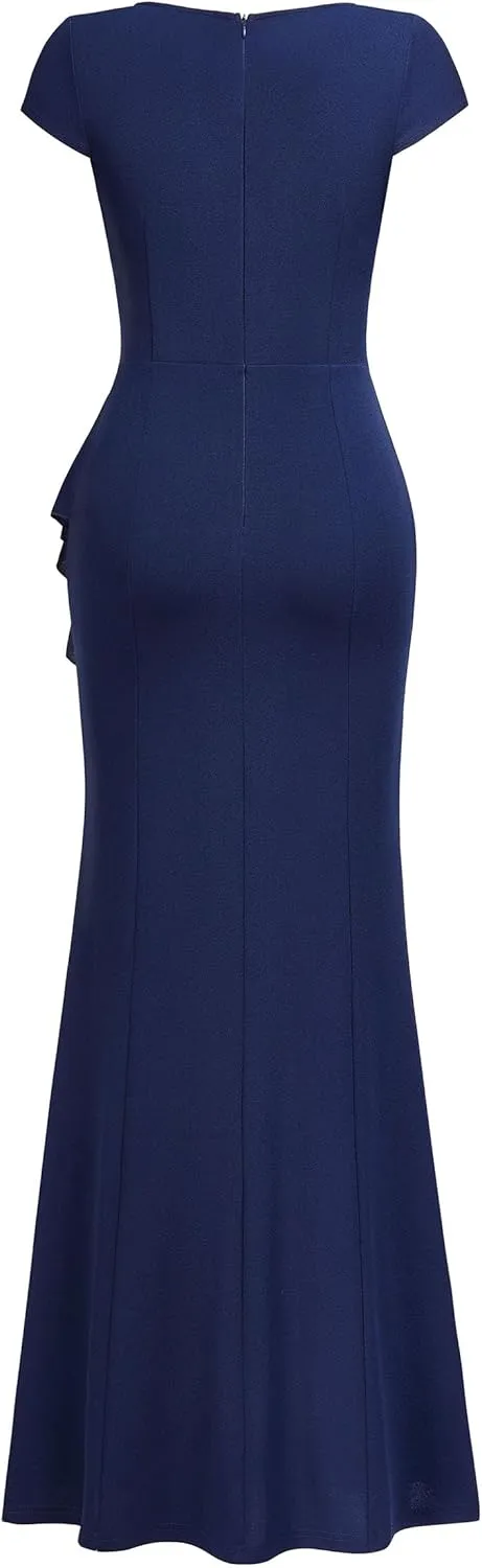 Miusol Women's Retro V Neck Elegant Ruched Split Style Formal Long Dress