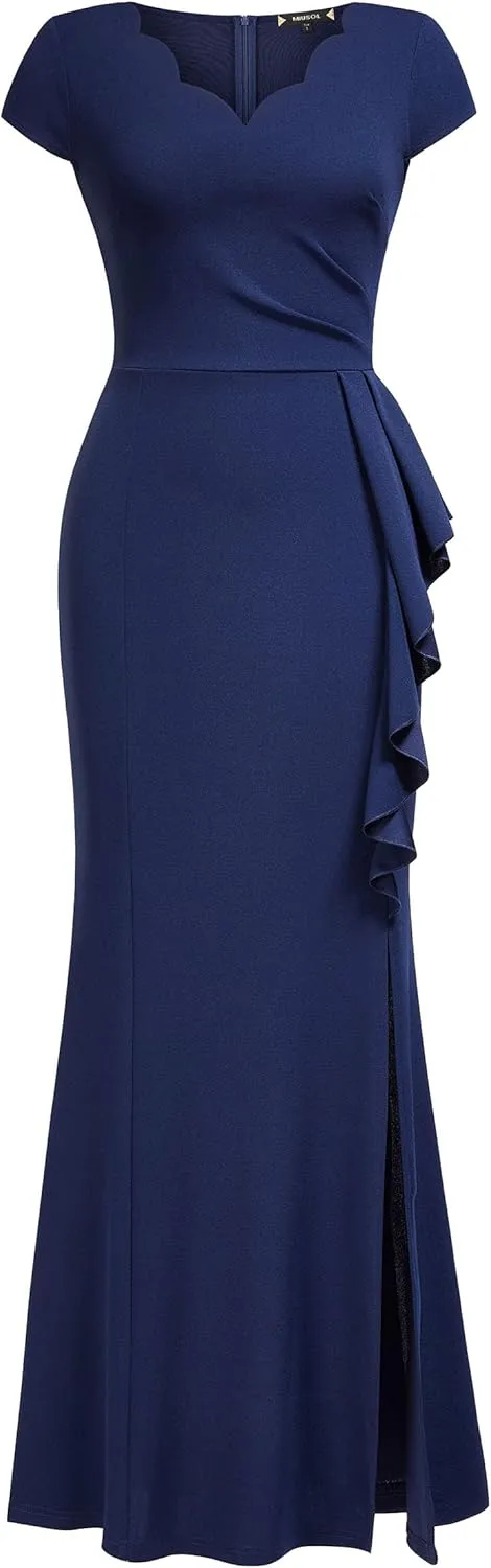 Miusol Women's Retro V Neck Elegant Ruched Split Style Formal Long Dress