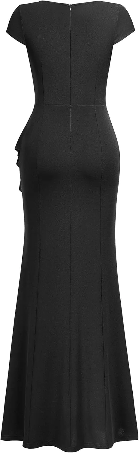 Miusol Women's Retro V Neck Elegant Ruched Split Style Formal Long Dress