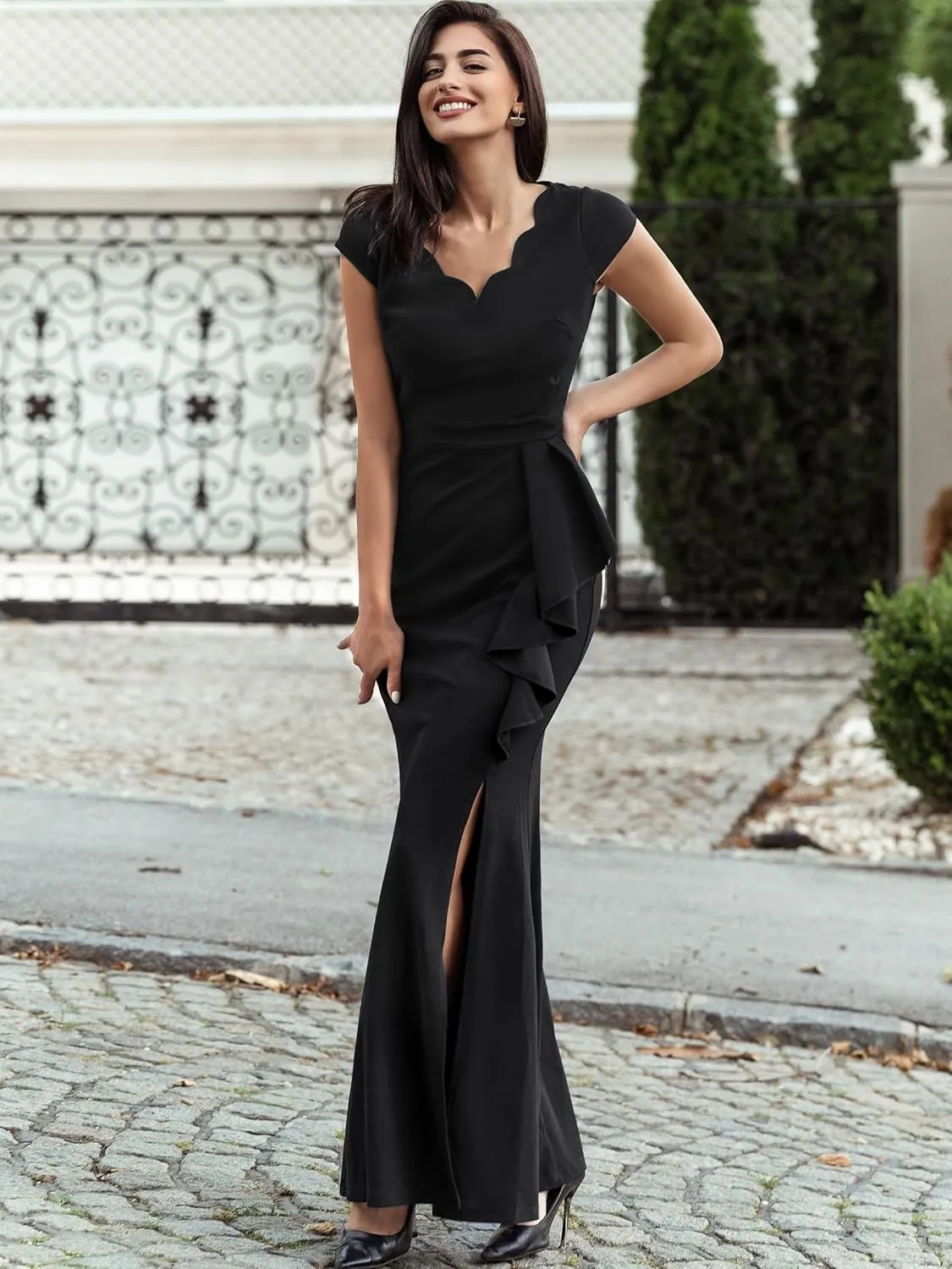 Miusol Women's Retro V Neck Elegant Ruched Split Style Formal Long Dress