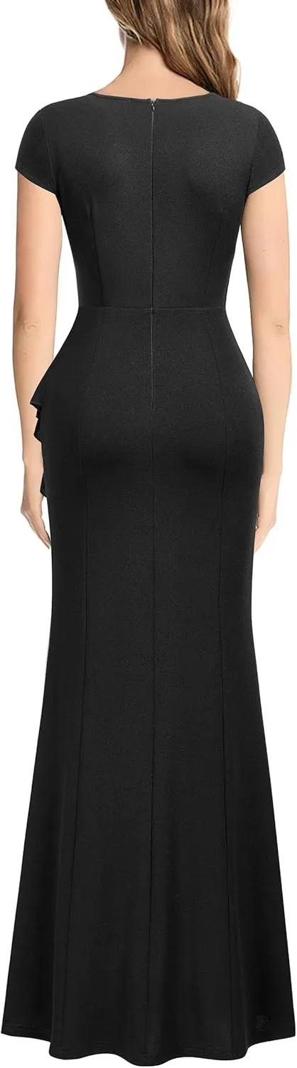Miusol Women's Retro V Neck Elegant Ruched Split Style Formal Long Dress