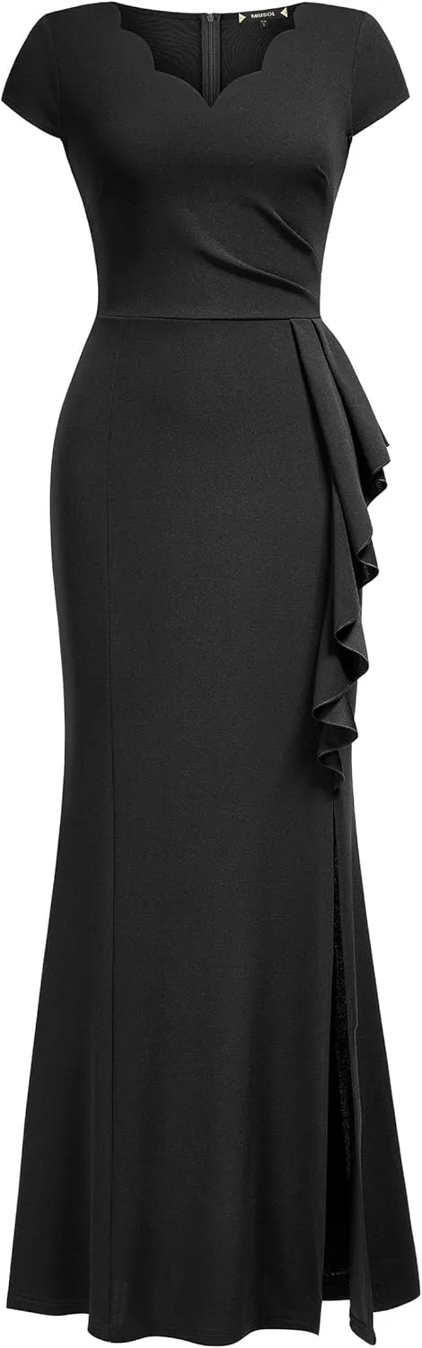 Miusol Women's Retro V Neck Elegant Ruched Split Style Formal Long Dress