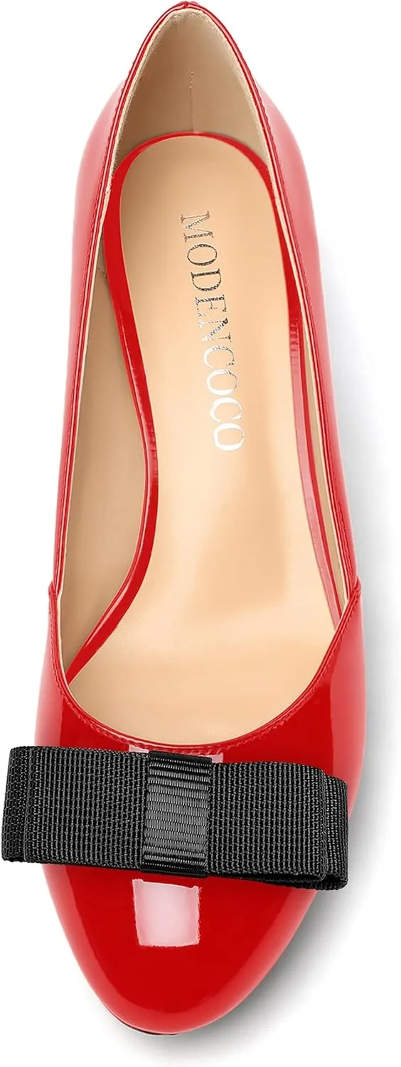 MODENCOCO Women's Round Toe Bow Slip On Patent Chunky Low Heel Pumps Office Work Dress Shoes 2 Inch