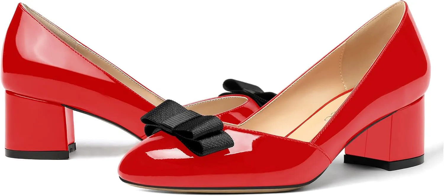 MODENCOCO Women's Round Toe Bow Slip On Patent Chunky Low Heel Pumps Office Work Dress Shoes 2 Inch