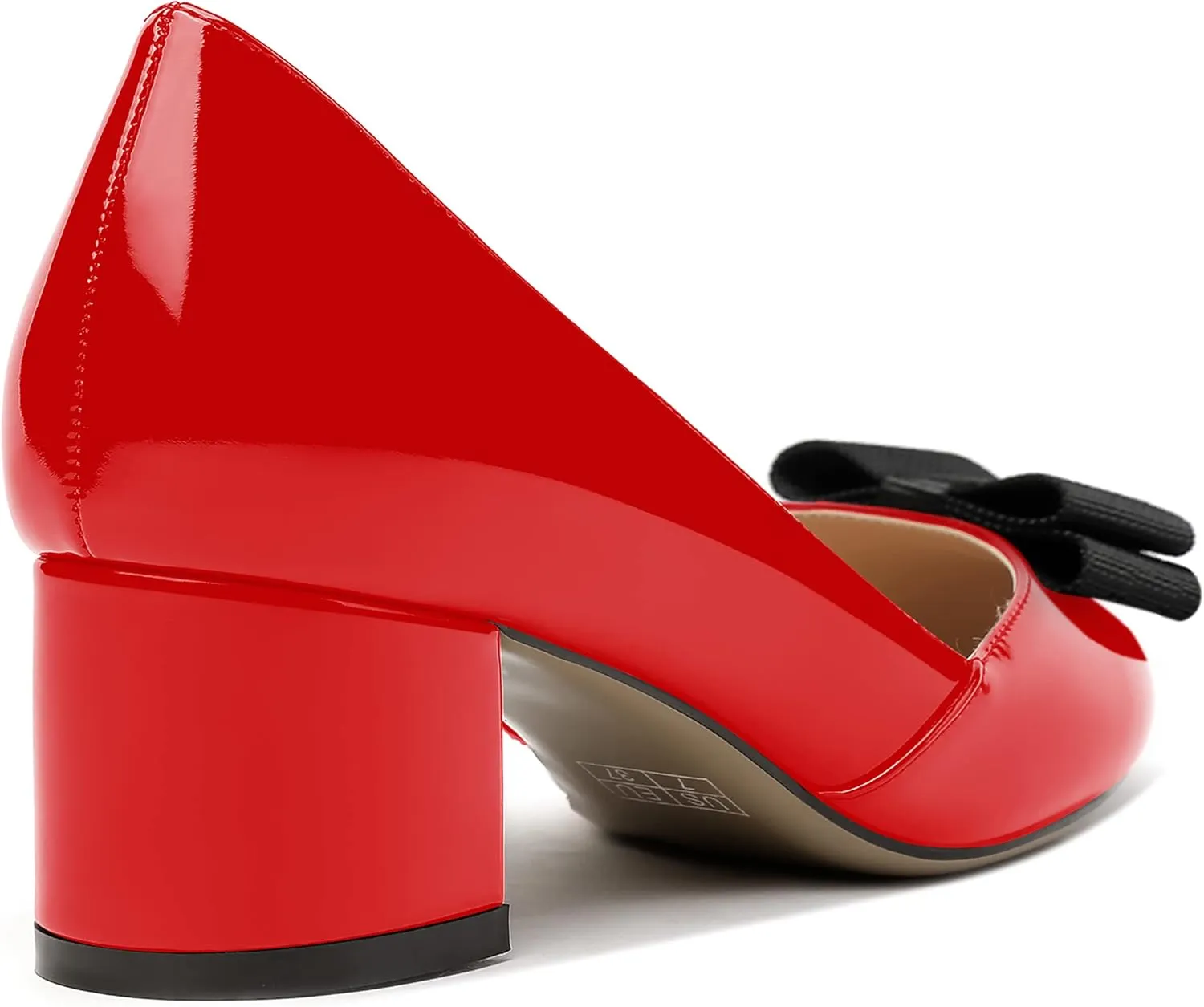 MODENCOCO Women's Round Toe Bow Slip On Patent Chunky Low Heel Pumps Office Work Dress Shoes 2 Inch