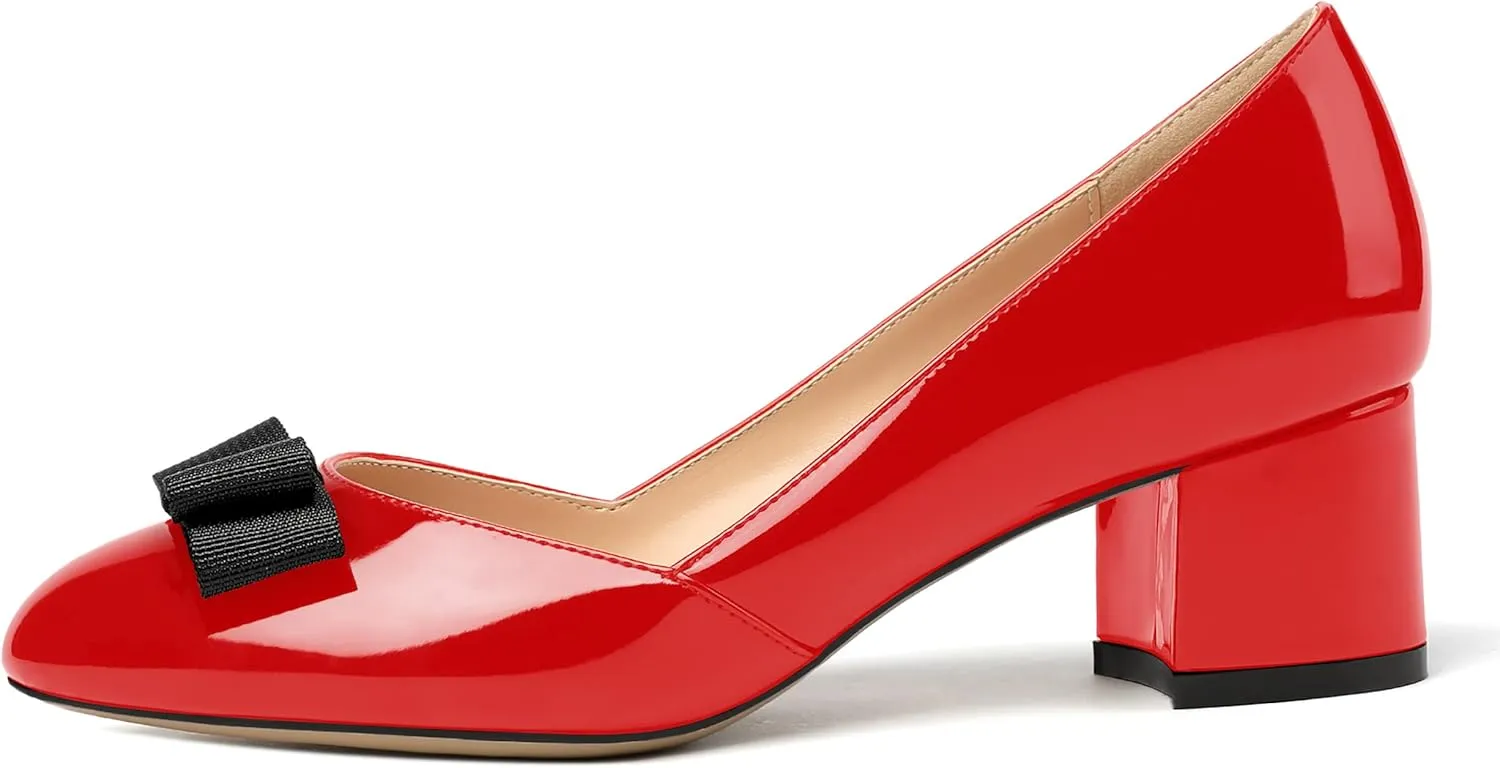 MODENCOCO Women's Round Toe Bow Slip On Patent Chunky Low Heel Pumps Office Work Dress Shoes 2 Inch