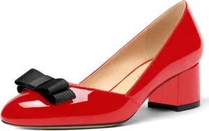 MODENCOCO Women's Round Toe Bow Slip On Patent Chunky Low Heel Pumps Office Work Dress Shoes 2 Inch