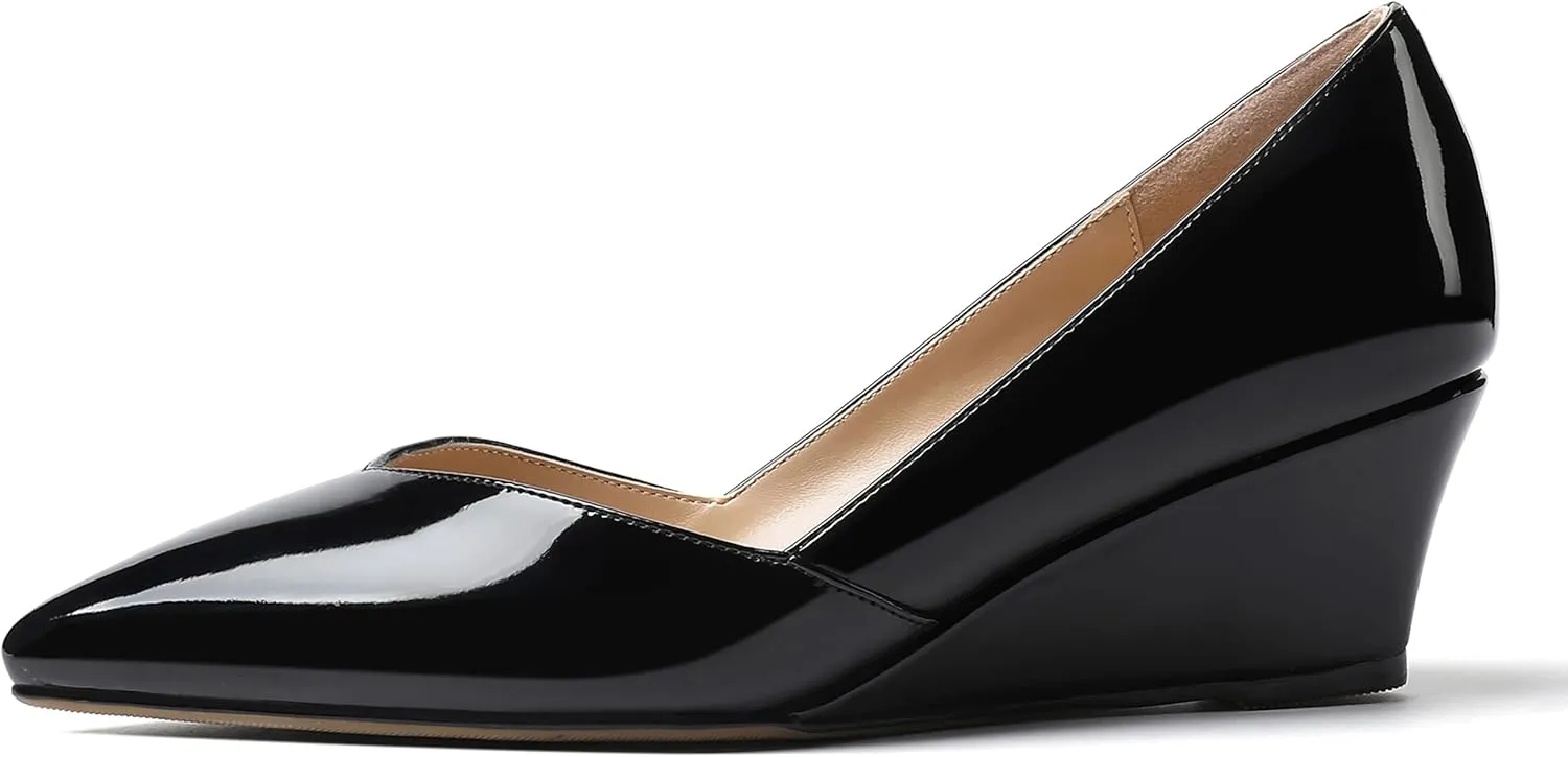 MODENCOCO Women's Slip On Professional Office Pointed Toe Patent Wedge Low Heel Pumps Shoes 2 Inch