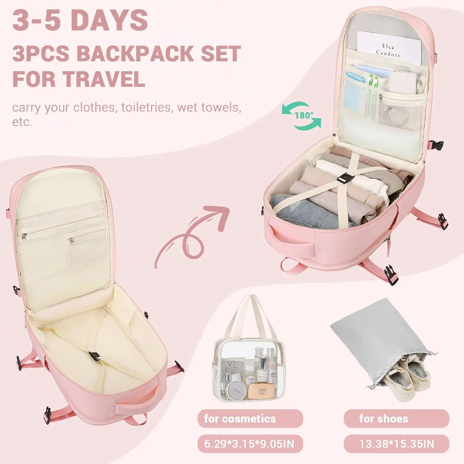 MOONBABY Travel Backpack for Women Men Carry On Flight Approved 3pcs Set Personal Item Travel Bag With Luggage Strap