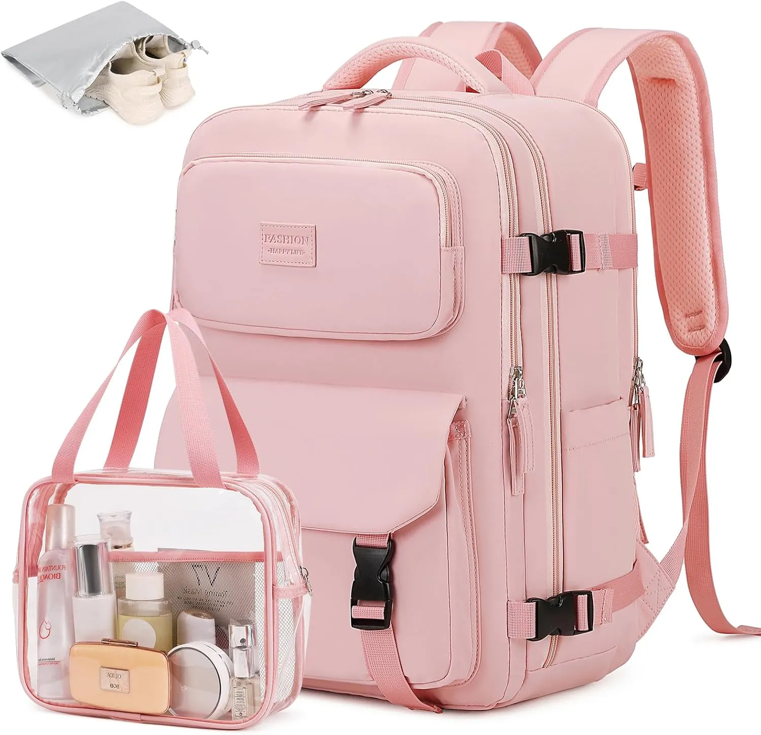 MOONBABY Travel Backpack for Women Men Carry On Flight Approved 3pcs Set Personal Item Travel Bag With Luggage Strap