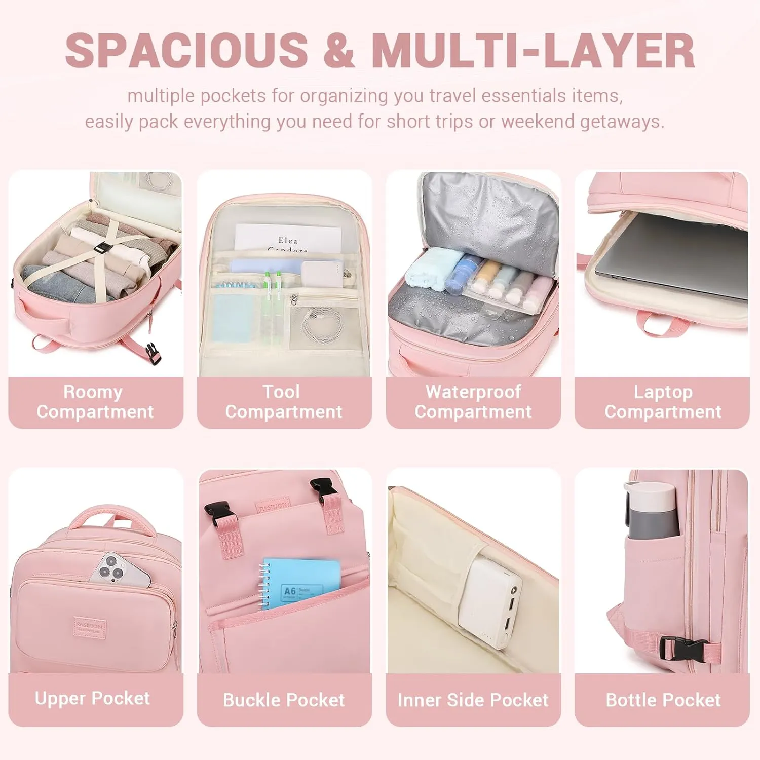 MOONBABY Travel Backpack for Women Men Carry On Flight Approved 3pcs Set Personal Item Travel Bag With Luggage Strap