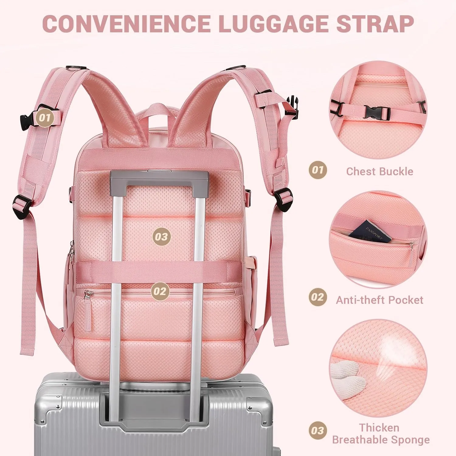 MOONBABY Travel Backpack for Women Men Carry On Flight Approved 3pcs Set Personal Item Travel Bag With Luggage Strap
