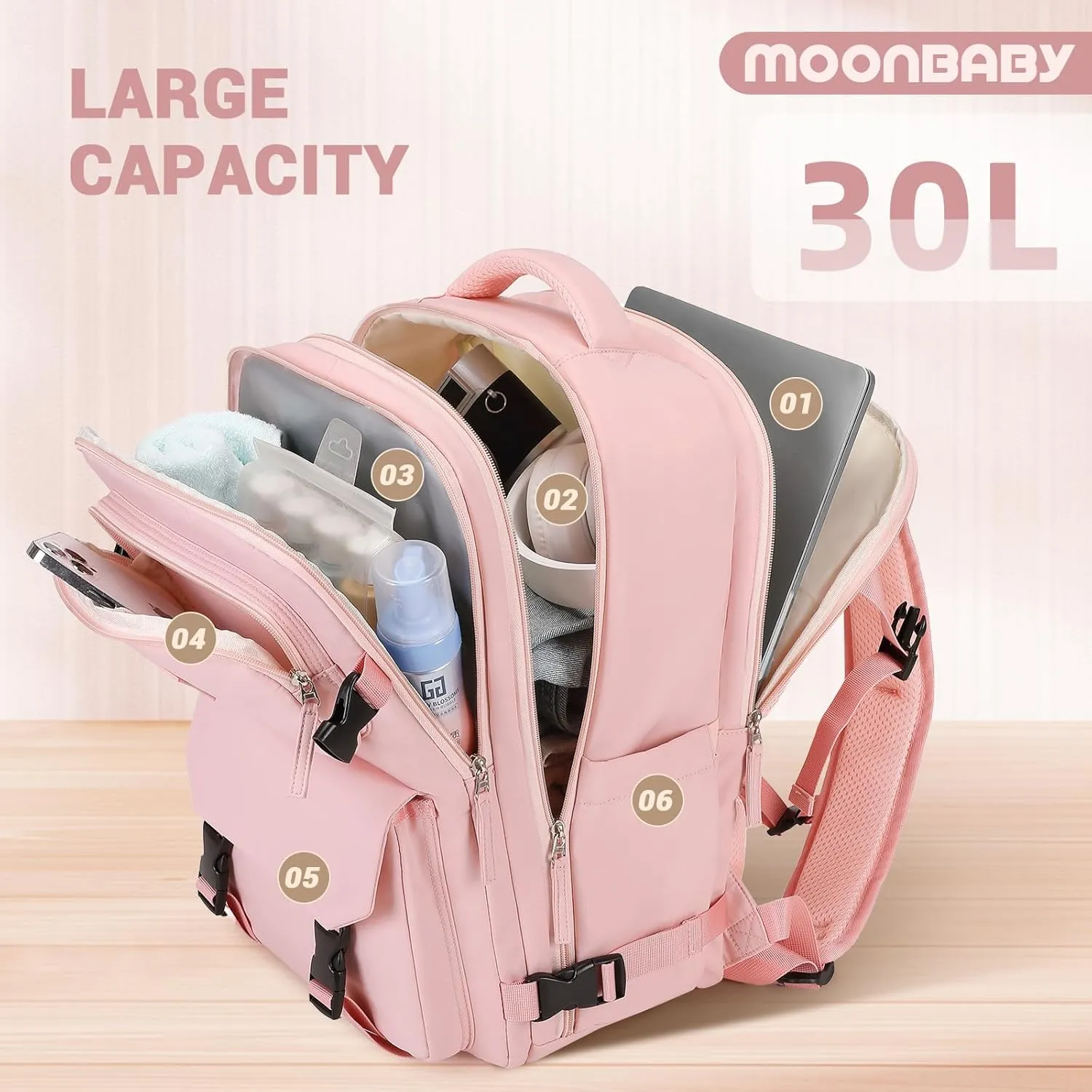 MOONBABY Travel Backpack for Women Men Carry On Flight Approved 3pcs Set Personal Item Travel Bag With Luggage Strap