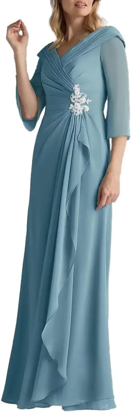 Mother of The Bride Dresses for Women V Neck Half Sleeves Chiffon A-line Long Formal Wedding Dresses 2025