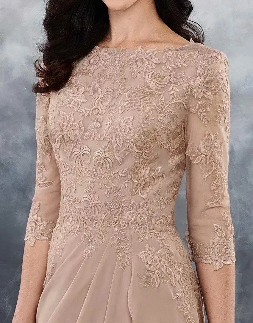 Mother of The Bride Dresses Long Evening Formal Dress 3/4 Sleeve Lace Applique Ruffles