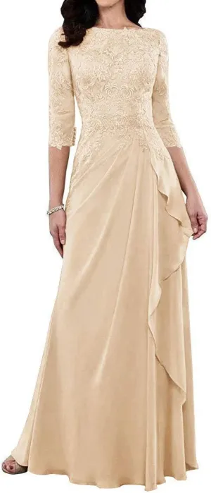 Mother of The Bride Dresses Long Evening Formal Dress 3/4 Sleeve Lace Applique Ruffles