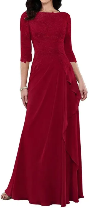 Mother of The Bride Dresses Long Evening Formal Dress 3/4 Sleeve Lace Applique Ruffles