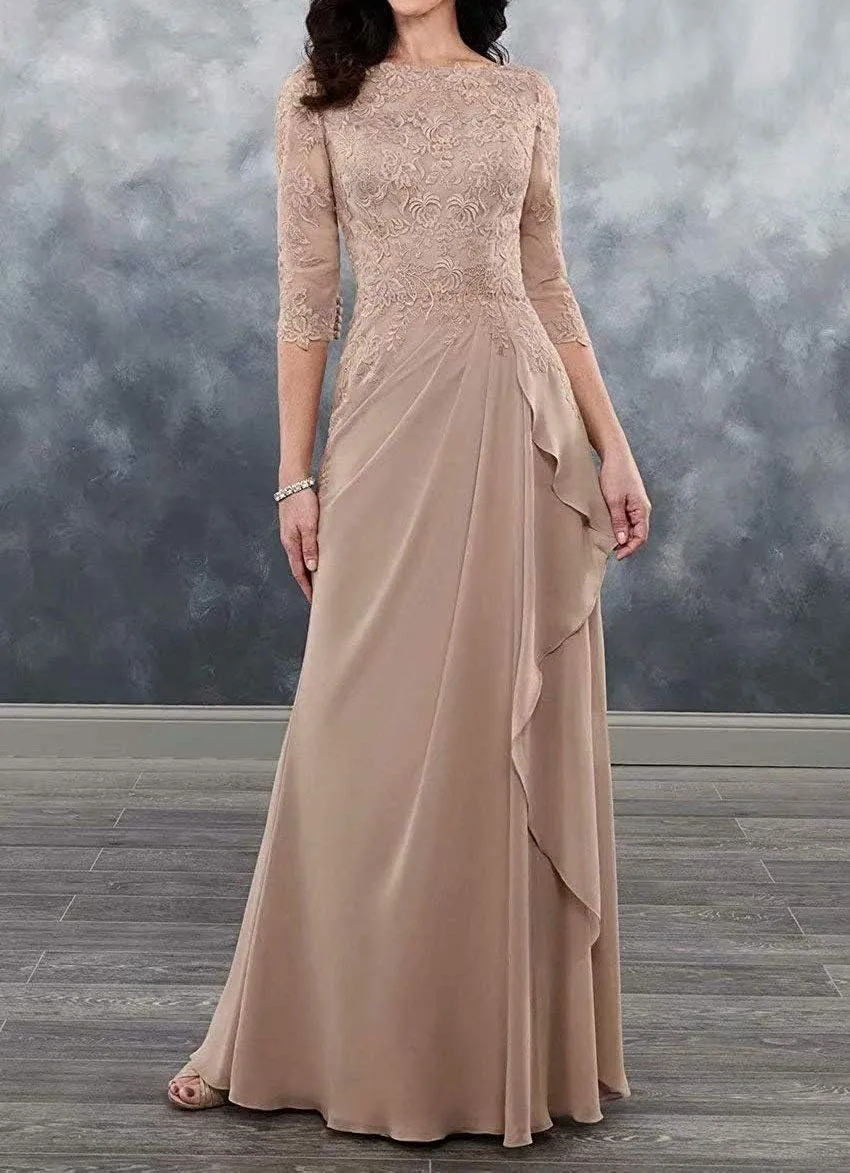Mother of The Bride Dresses Long Evening Formal Dress 3/4 Sleeve Lace Applique Ruffles