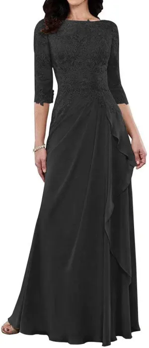 Mother of The Bride Dresses Long Evening Formal Dress 3/4 Sleeve Lace Applique Ruffles