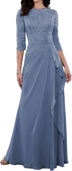 Mother of The Bride Dresses Long Evening Formal Dress 3/4 Sleeve Lace Applique Ruffles