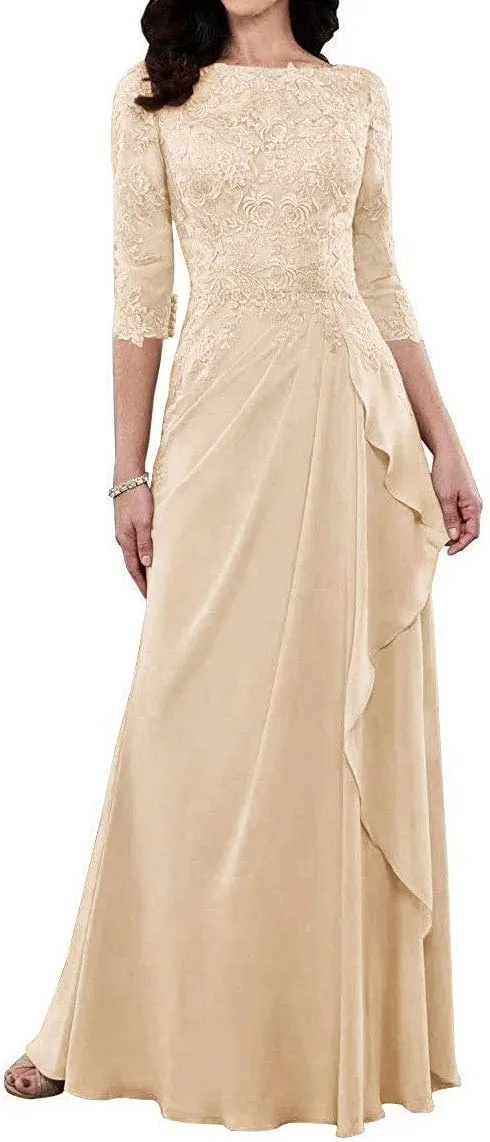 Mother of The Bride Dresses Long Evening Formal Dress 3/4 Sleeve Lace Applique Ruffles