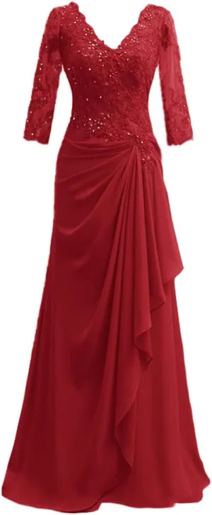 Mother of The Bride Dresses Long Evening Formal Dress V Neck Wedding Guest Dresses for Women Ruffle Lace Applique Beaded