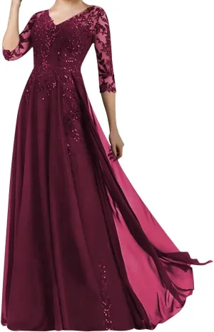 Mother of The Bride Dresses Long Evening Formal Dress V Neck Wedding Guest Groom Dress Beaded Lace Applique 3/4 Sleeve