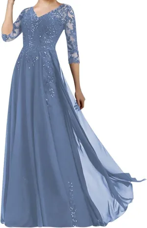 Mother of The Bride Dresses Long Evening Formal Dress V Neck Wedding Guest Groom Dress Beaded Lace Applique 3/4 Sleeve