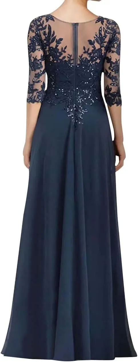 Mother of The Bride Dresses Long Evening Formal Dress V Neck Wedding Guest Groom Dress Beaded Lace Applique 3/4 Sleeve