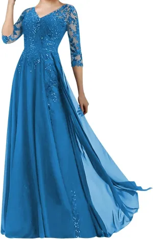 Mother of The Bride Dresses Long Evening Formal Dress V Neck Wedding Guest Groom Dress Beaded Lace Applique 3/4 Sleeve