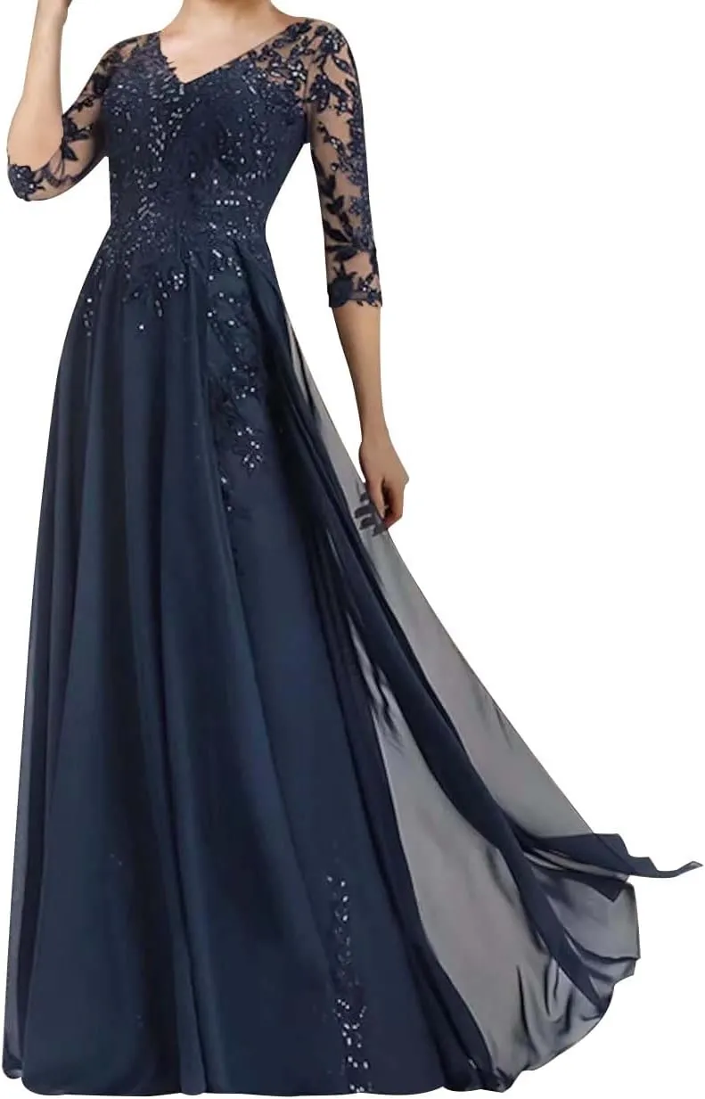 Mother of The Bride Dresses Long Evening Formal Dress V Neck Wedding Guest Groom Dress Beaded Lace Applique 3/4 Sleeve