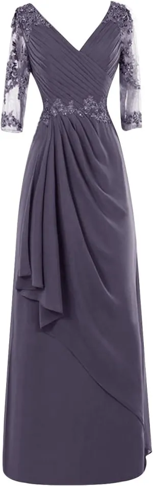 Mother of The Bride Dresses Long Evening Formal Gowns Lace Applique Wedding Guest Groom Beaded Ruffles 3/4 Sleeve Women