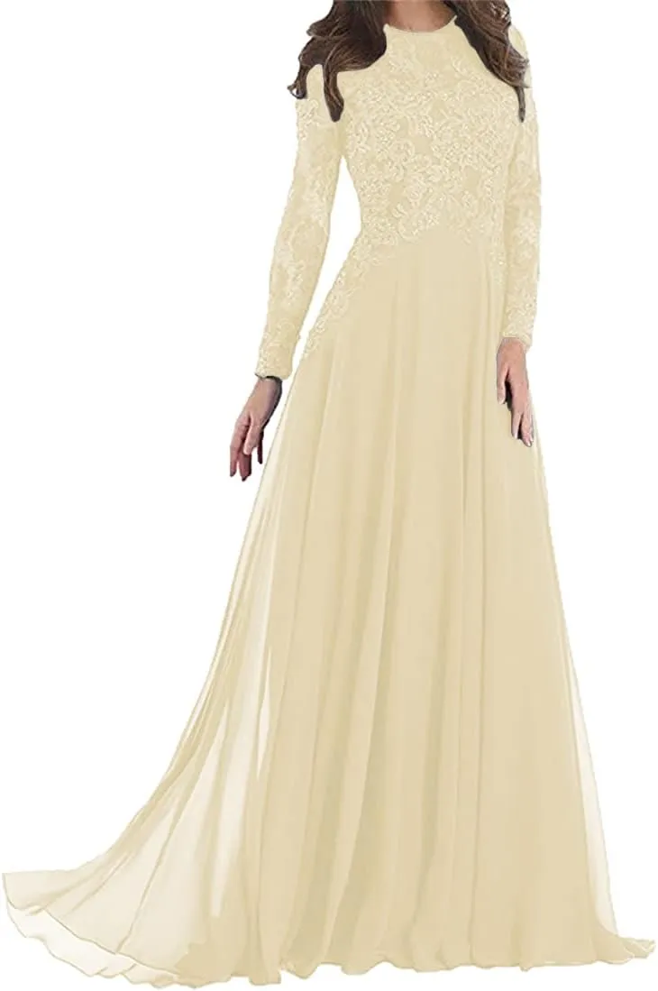 Mother of The Bride Dresses Long Evening Formal Gowns Long Sleeve Lace Applique Beaded for Women