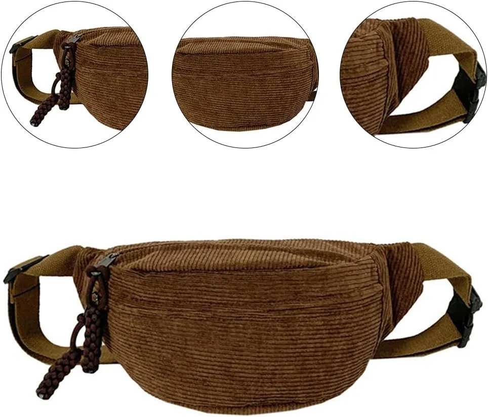 Muloo Fashionable Corduroy Waist Bag for Women Stylish and Convenient Fanny Pack Chest Bags for Casual Outings, app. 34x15x11cm /13.38x5.9x4.33in, Brown