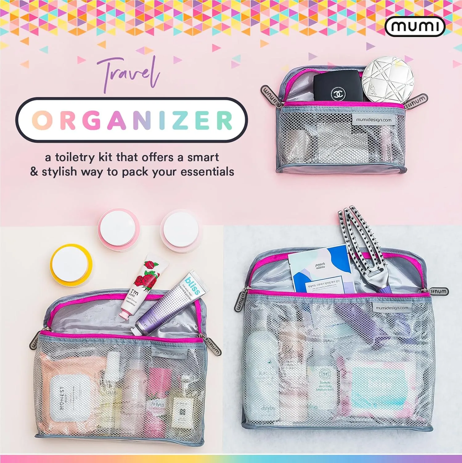 MUMI Travel Toiletry Bag Set of 3 – Water-Resistant Toiletry Bags for Women & Men – Clear Bags for Toiletries, Skincare, Makeup & Travel Essentials – Lightweight, Durable & Portable Organizer - Pink