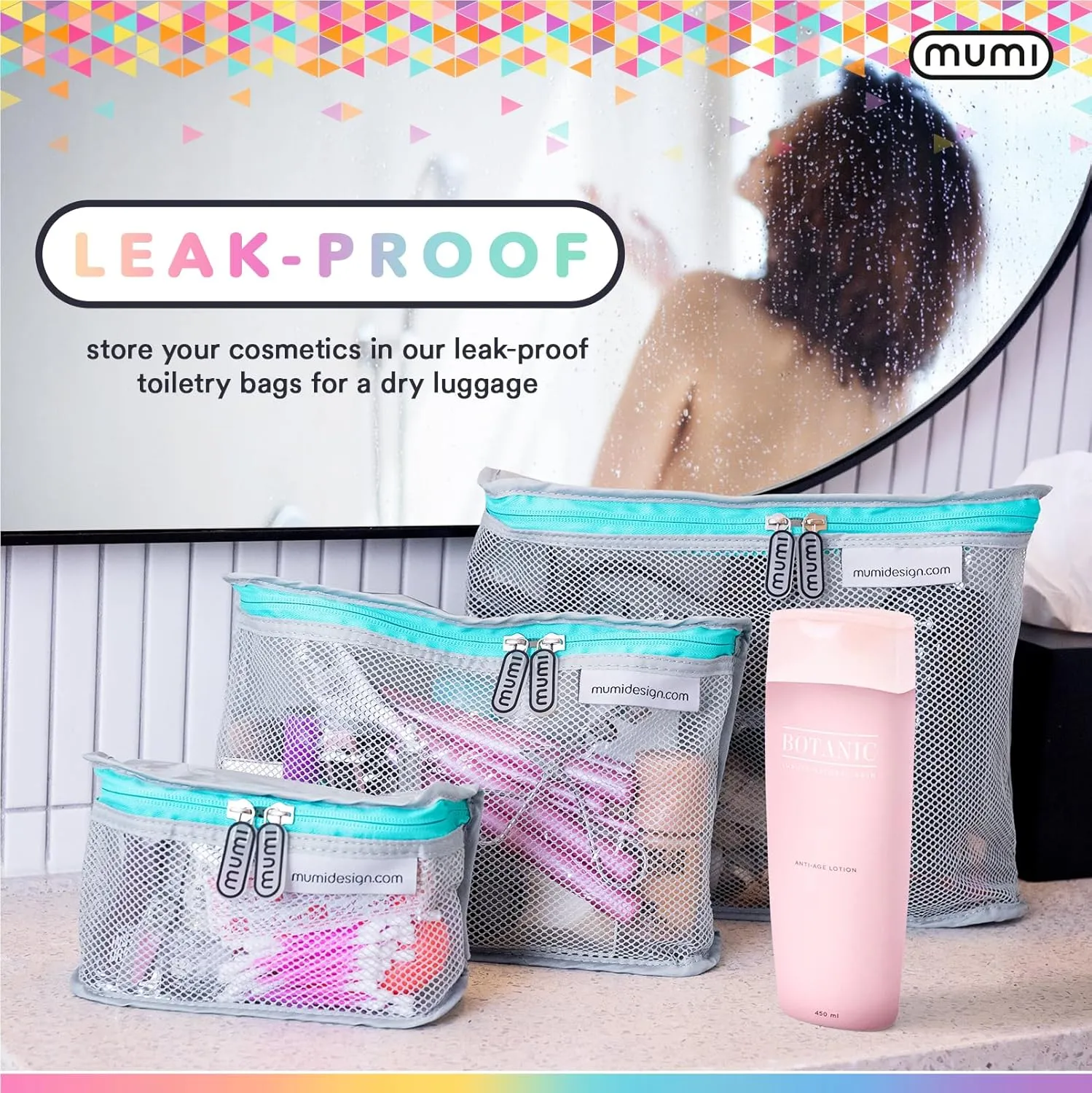 MUMI Travel Toiletry Bag Set of 3 – Water-Resistant Toiletry Bags for Women & Men – Clear Bags for Toiletries, Skincare, Makeup & Travel Essentials – Lightweight, Durable & Portable Organizer - Pink