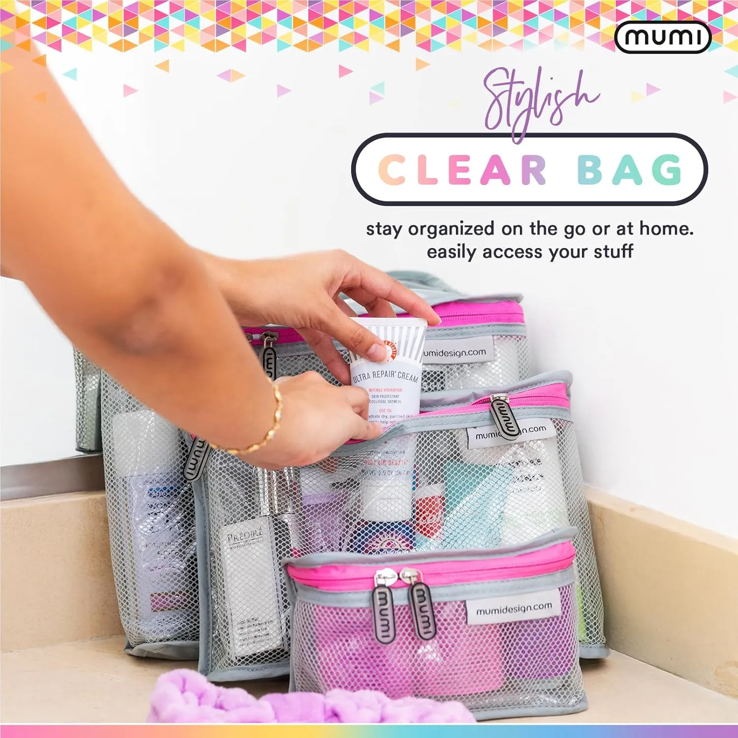 MUMI Travel Toiletry Bag Set of 3 – Water-Resistant Toiletry Bags for Women & Men – Clear Bags for Toiletries, Skincare, Makeup & Travel Essentials – Lightweight, Durable & Portable Organizer - Pink