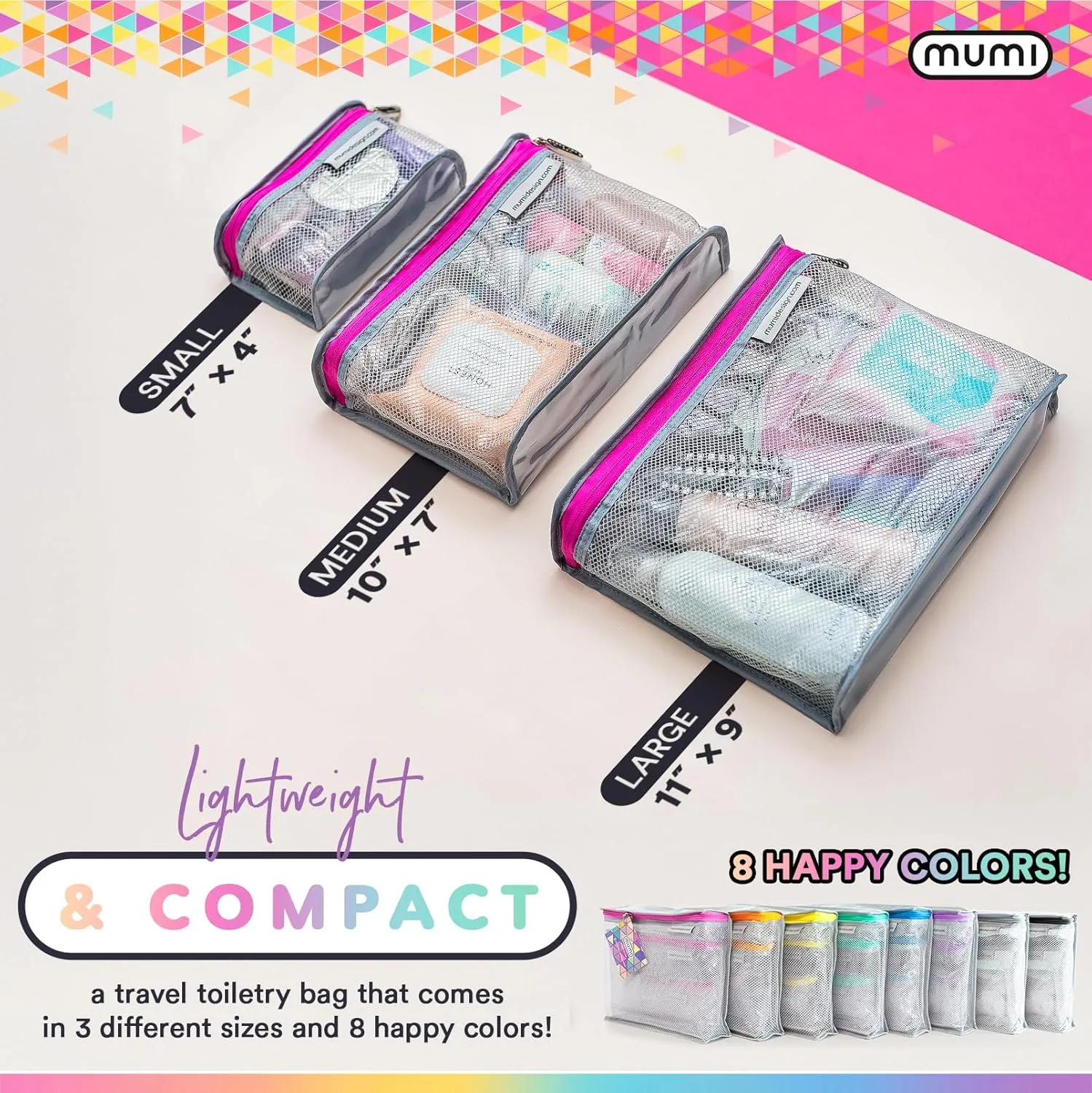 MUMI Travel Toiletry Bag Set of 3 – Water-Resistant Toiletry Bags for Women & Men – Clear Bags for Toiletries, Skincare, Makeup & Travel Essentials – Lightweight, Durable & Portable Organizer - Pink
