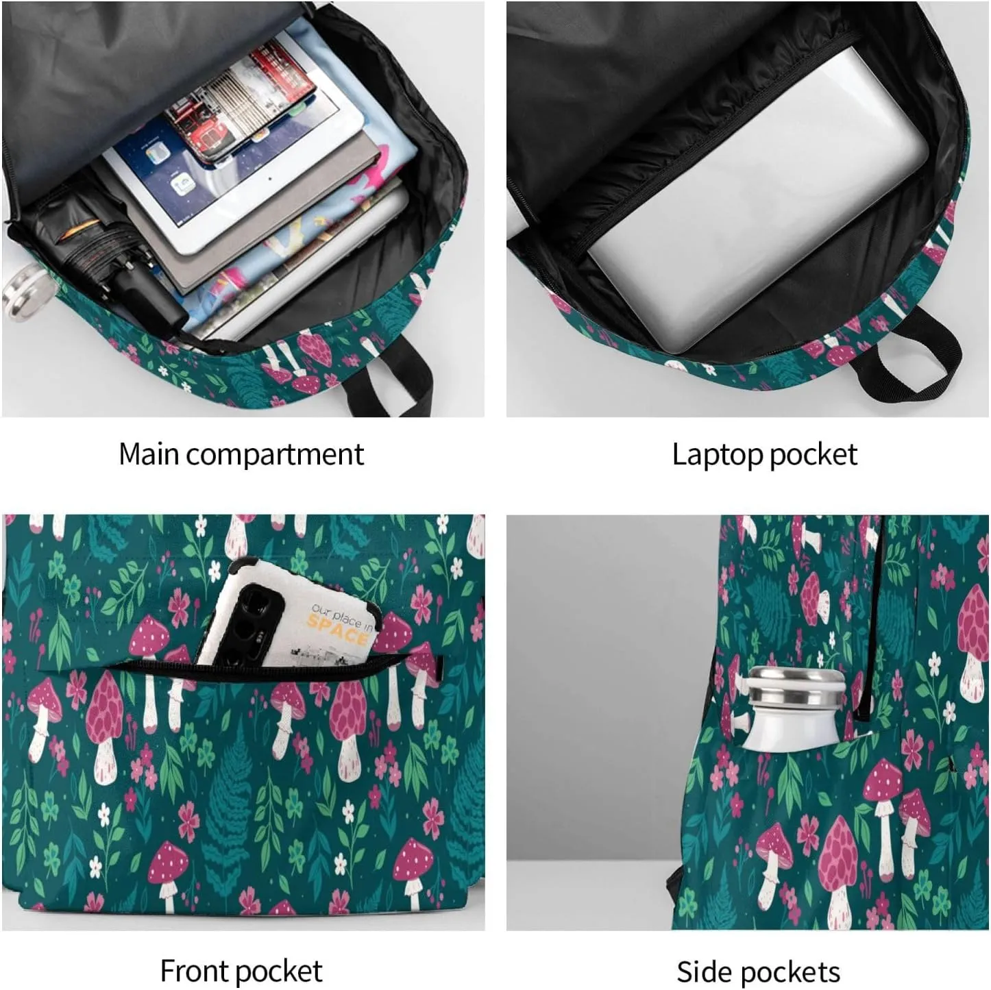 Mushrooms Flowers Laptop Commuter Backpack Shoulder Bag Casual Back Pack Daypack Bags With Side Pockets For Work Travel Daily Use