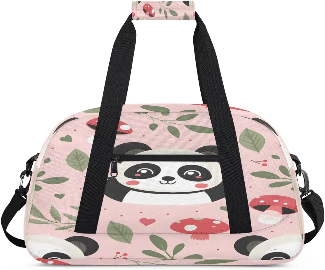 Mushrooms Panda Kids Overnighter Duffel Bags for Boys, Carry-On Size Sports Gym Bag with Front Zipper Pocket for School Practice or Overnight Travel Weekender Sleepover Tote Bag