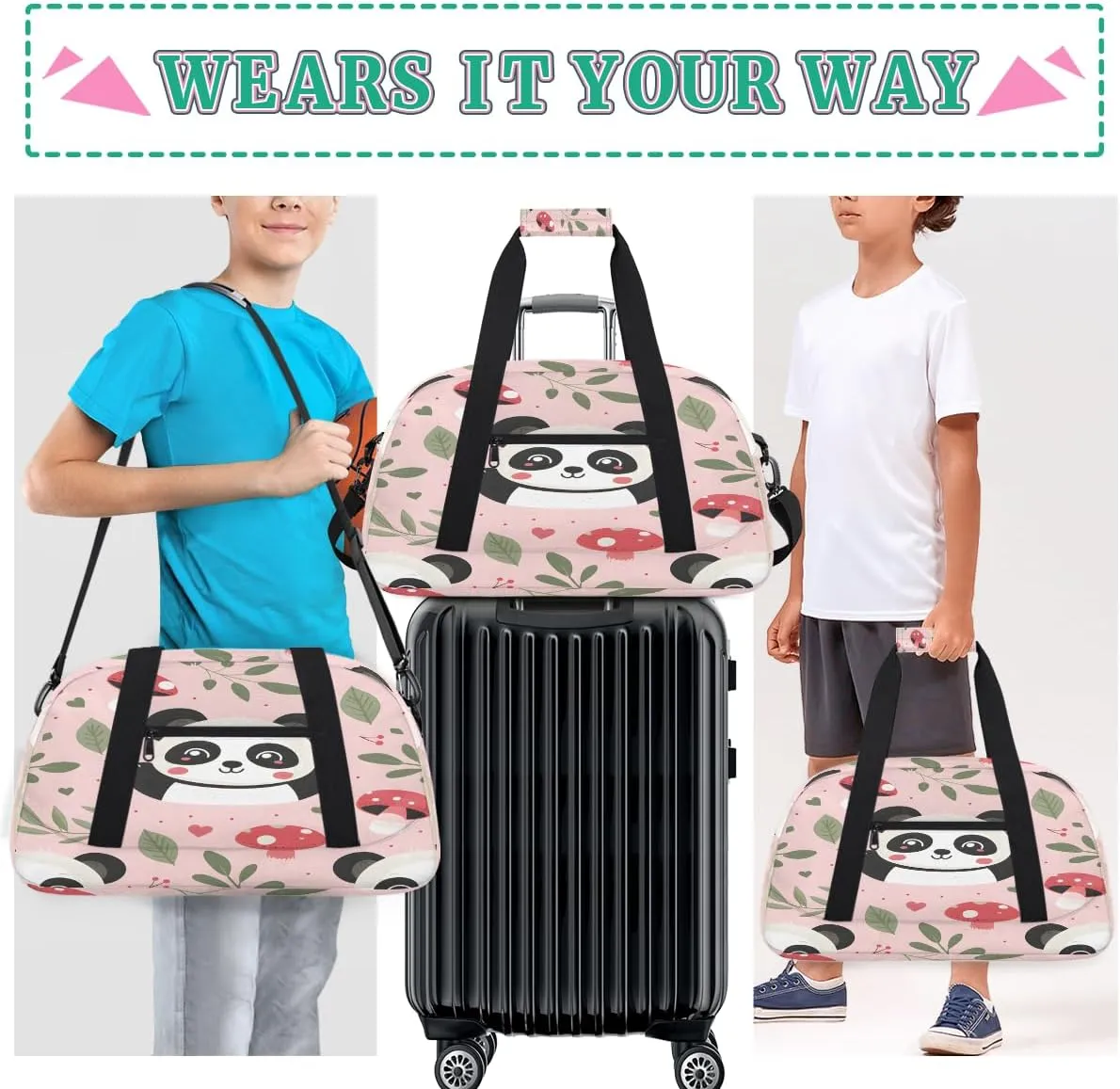 Mushrooms Panda Kids Overnighter Duffel Bags for Boys, Carry-On Size Sports Gym Bag with Front Zipper Pocket for School Practice or Overnight Travel Weekender Sleepover Tote Bag