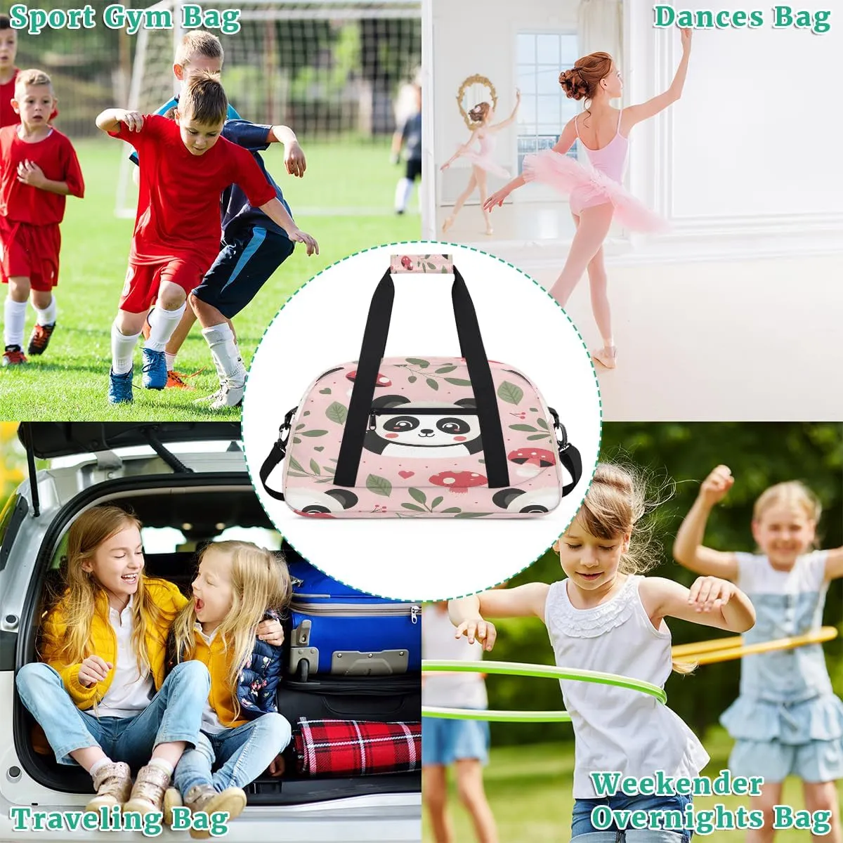 Mushrooms Panda Kids Overnighter Duffel Bags for Boys, Carry-On Size Sports Gym Bag with Front Zipper Pocket for School Practice or Overnight Travel Weekender Sleepover Tote Bag