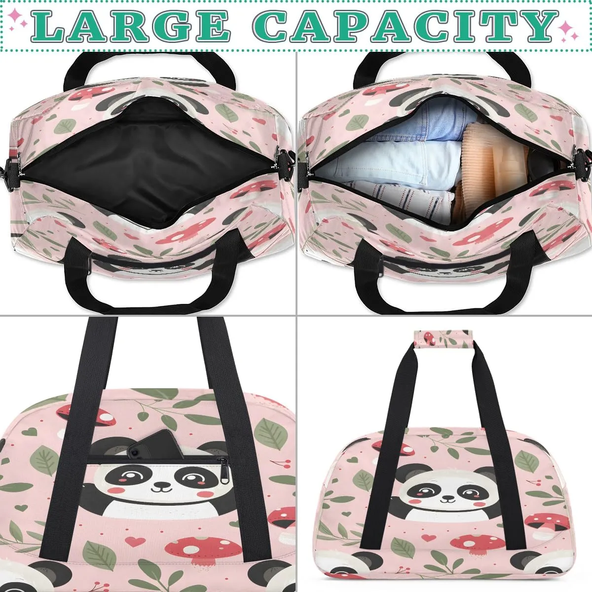Mushrooms Panda Kids Overnighter Duffel Bags for Boys, Carry-On Size Sports Gym Bag with Front Zipper Pocket for School Practice or Overnight Travel Weekender Sleepover Tote Bag