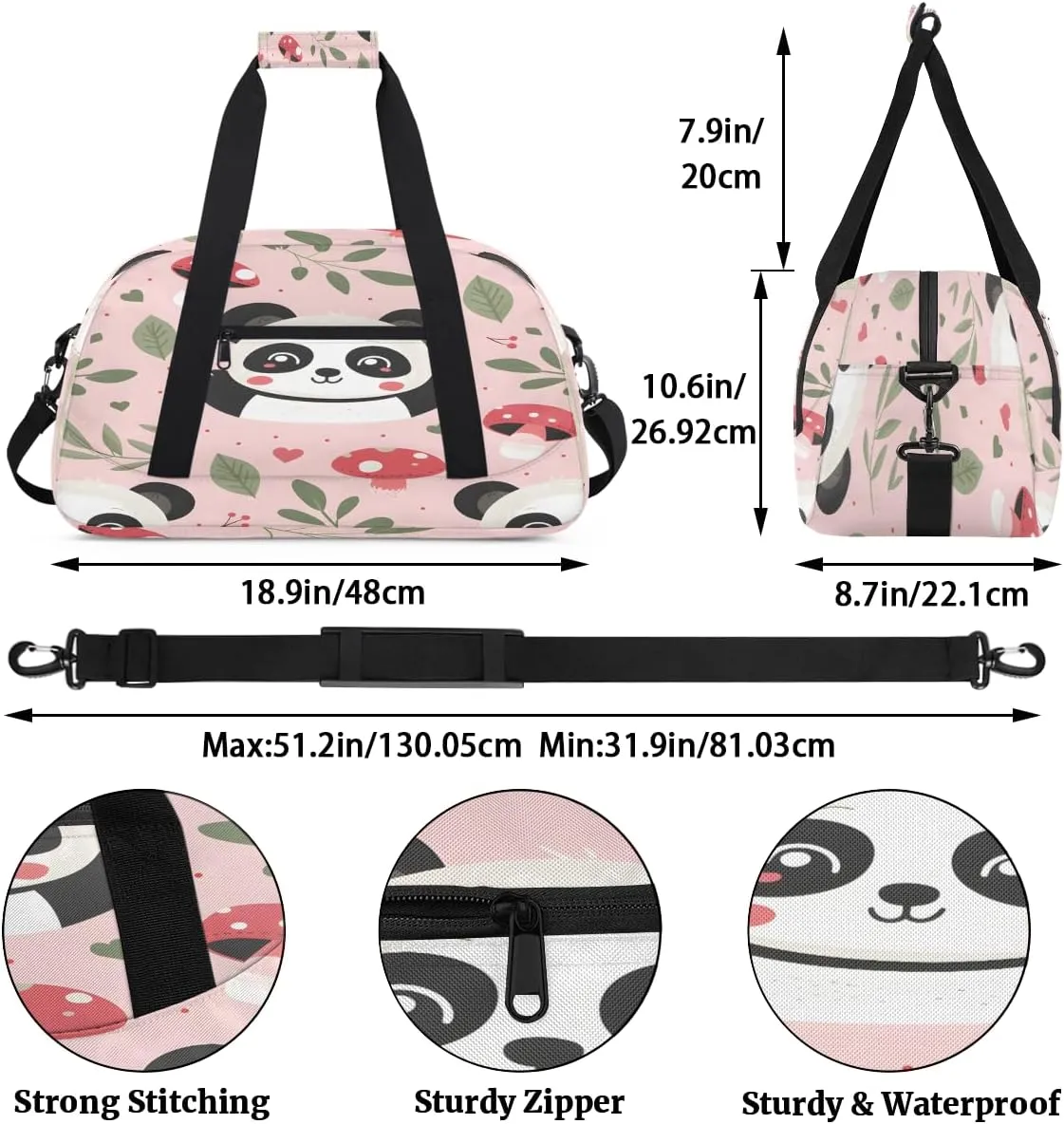 Mushrooms Panda Kids Overnighter Duffel Bags for Boys, Carry-On Size Sports Gym Bag with Front Zipper Pocket for School Practice or Overnight Travel Weekender Sleepover Tote Bag