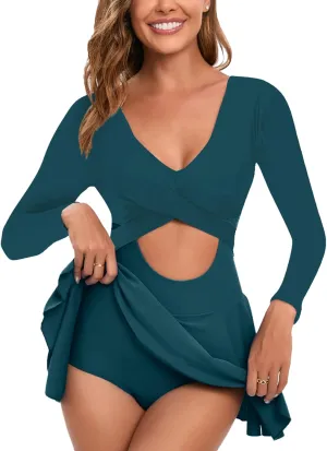 NESY Long Sleeve Swimsuits for Women Rash Guard V Neck One Piece Bathing Suit Swim Dress Woman Swimwear Swimdress UPF 50 