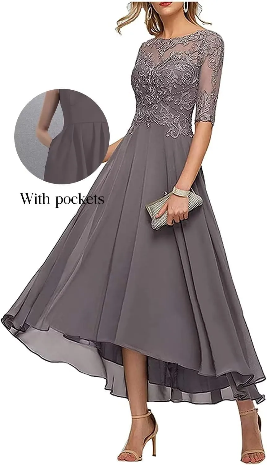 New Lace Appliques Mother of The Bride Dresses for Wedding 3/4 Sleeve Tea Length Beaded Formal Evening Prom Dress