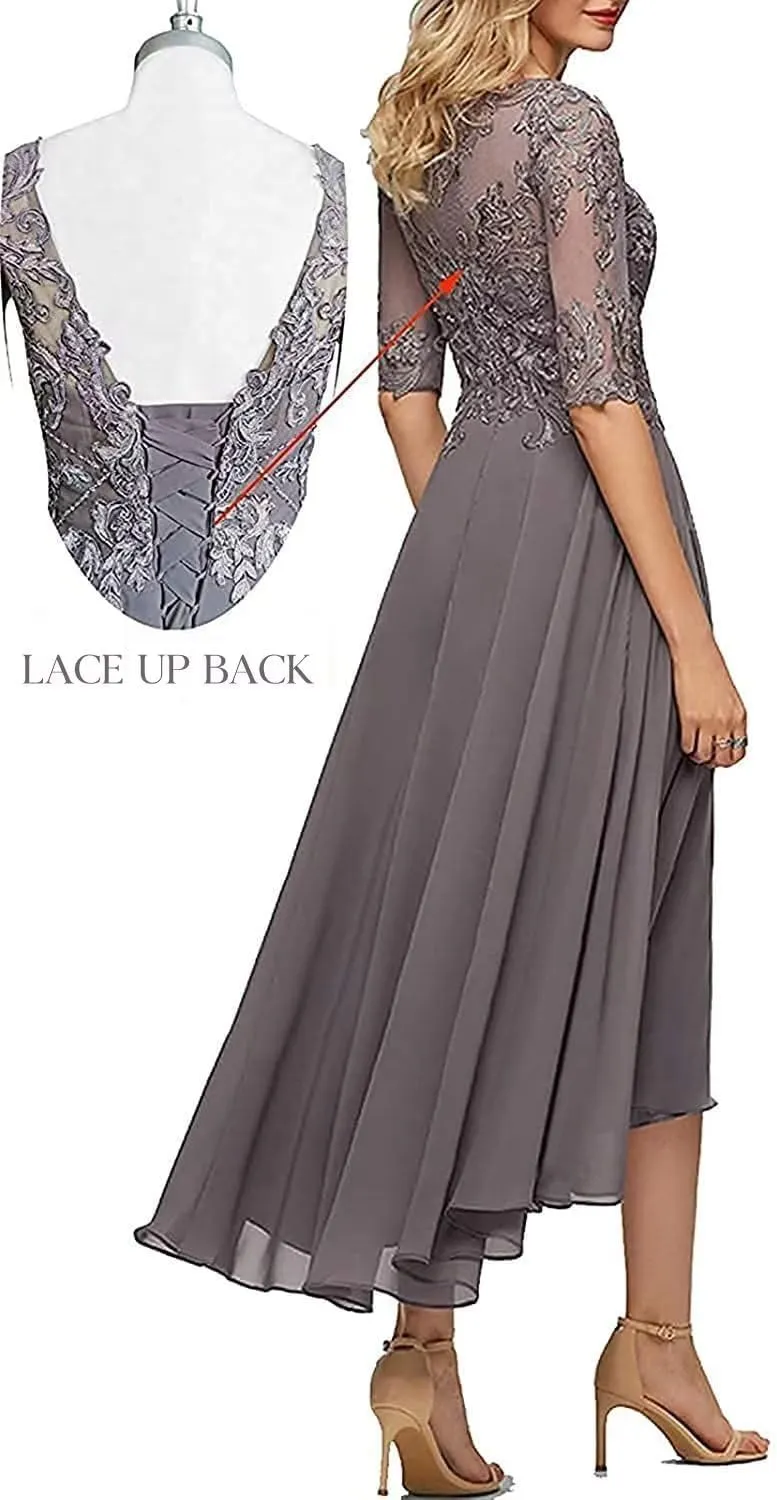 New Lace Appliques Mother of The Bride Dresses for Wedding 3/4 Sleeve Tea Length Beaded Formal Evening Prom Dress