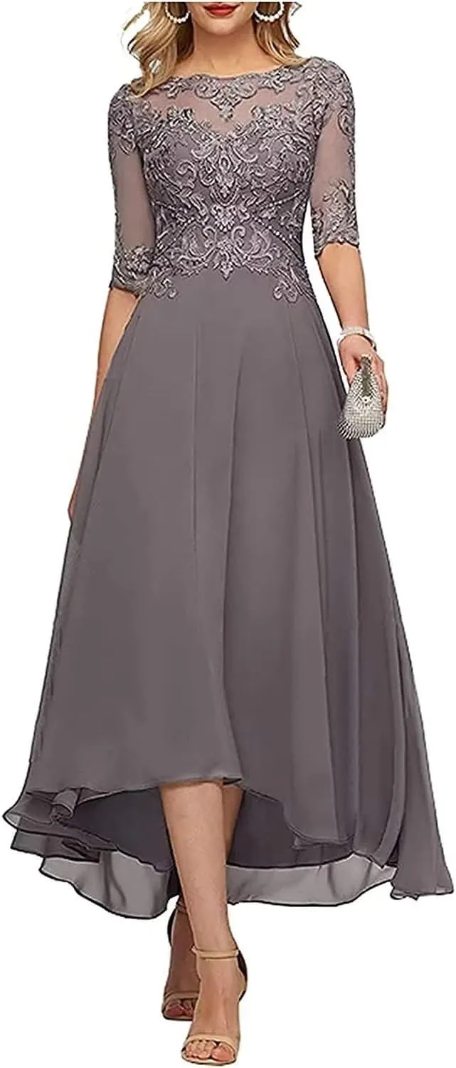 New Lace Appliques Mother of The Bride Dresses for Wedding 3/4 Sleeve Tea Length Beaded Formal Evening Prom Dress