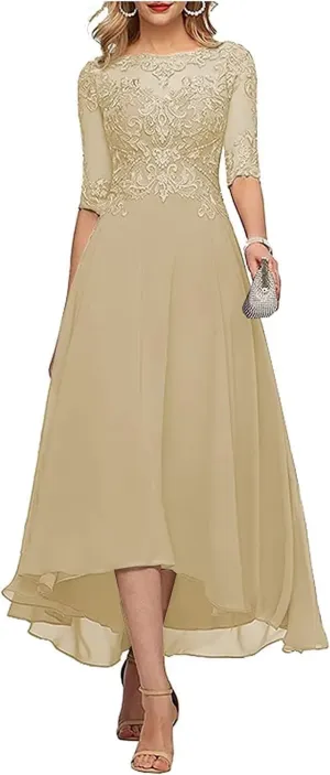 New Lace Appliques Mother of The Bride Dresses for Wedding 3/4 Sleeve Tea Length Beaded Formal Evening Prom Dress